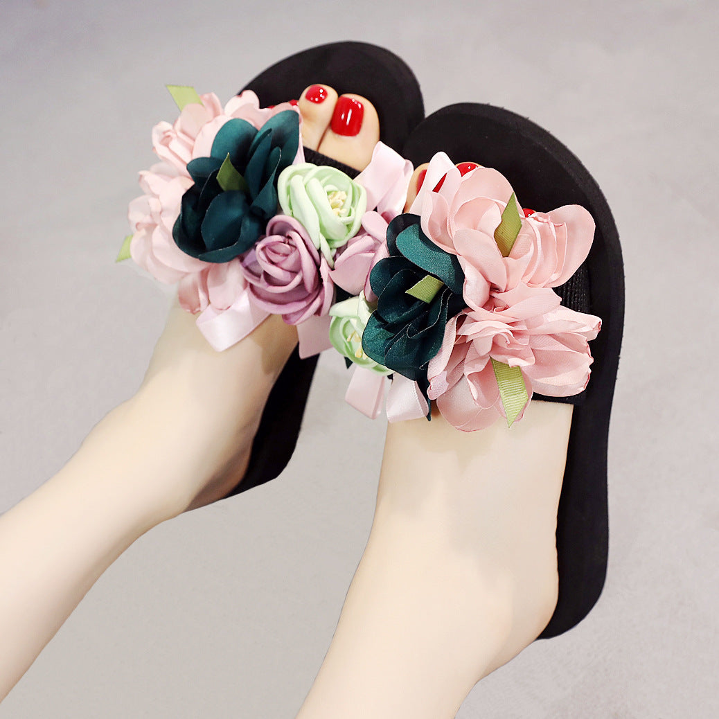 Big  Flower beach slippers for women summer beach non-slip thick-soled flip-flops for outer wear fashionable wedge sandals