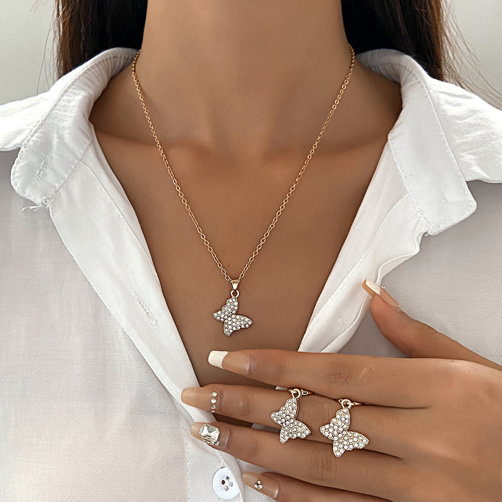 Jewelry set for women personalized rhinestone gold crown butterfly necklace earrings set
