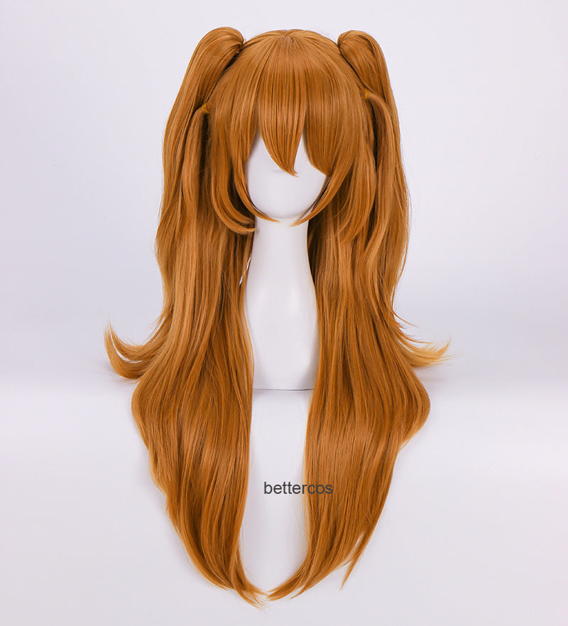 EVA Evangelion Asuka Cos Wig Orange Double Ponytail Long Wig Set